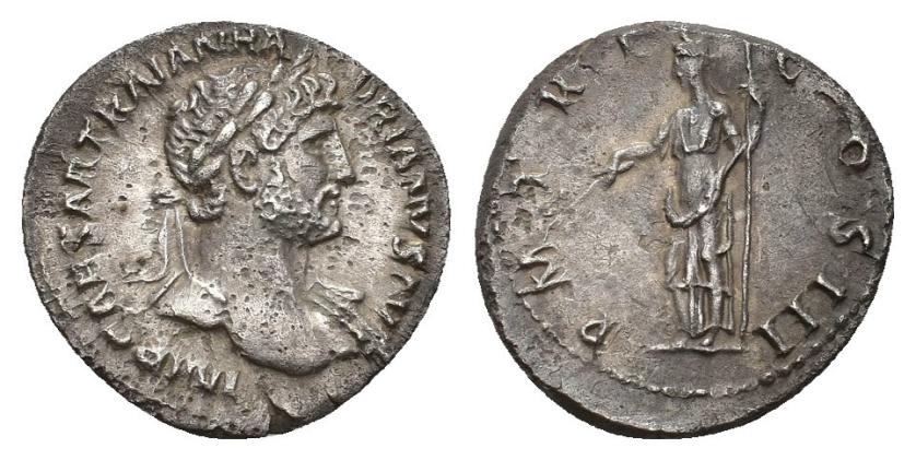 306   -  IMPERIO ROMANO. ADRIANO. Denario. Roma (119-120). A/ Busto laureado y drapeado al hombro a der.; IMP CAESAR TRAIAN HADRIANVS AVG. R/ Pax a izq. con cetro y rama; P M TR P COS III. AR 3,02 g. 18,7 mm. RIC-225. Erosiones. MBC+. 