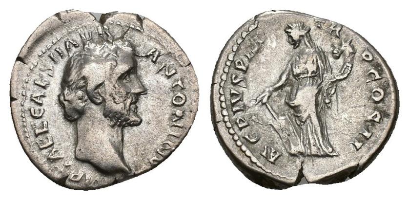 322   -  IMPERIO ROMANO. ANTONINO PÍO. Denario. Roma (139). A/ Cabeza a der.; IMP T AEL CAES HADR ANTONINVS. R/ Fortuna a izq. con timón y cornucopia; AVG PIVS P M TR P COS II. AR 3,06 g. 18,4 mm. RIC-22a. Cospel abierto. MBC-. 