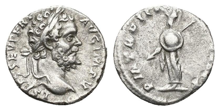 343 - IMPERIO ROMANO. SEPTIMIO SEVERO. Denario. Roma (195-196). A/ Cabeza laureada a der.; L SEPT SEV PERT AVG IMP V. R/ Minerva a izq. con lanza y escudo; P M TR P III (COS) II P P. AR 3,28 g. 17,3 mm. RIC-68. MBC/MBC-.