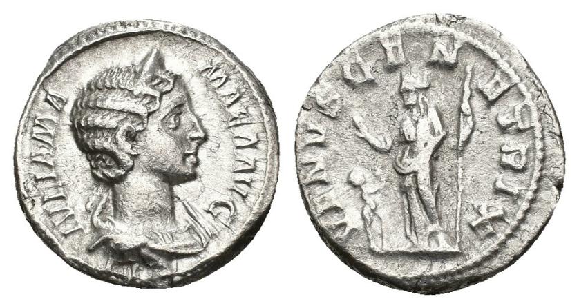 384   -  IMPERIO ROMANO. JULIA MAMEA. Denario. Roma (225-235). A/ Busto diademado y drapeado a der.; IVLIA MAMAEA AVG. R/ Venus a izq. con cetro, manzana y Cupido a sus pies; VENVS GENETRIX. AR 3,7 g. 18,9 mm. RIC-355. MBC+/MBC-. 