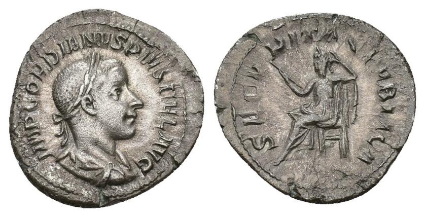 388   -  IMPERIO ROMANO. GORDIANO III. Denario. Roma (241). A/ Busto laureado, drapeado y acorazado a der.; IMP GORDIANVS PIVS FEL AVG. R/ Securitas sentada a izq. con cetro; SECVRITAS PVBLICA. AR 2,90 g. 20,8 mm. RIC-130. Pequeñas marcas. MBC.