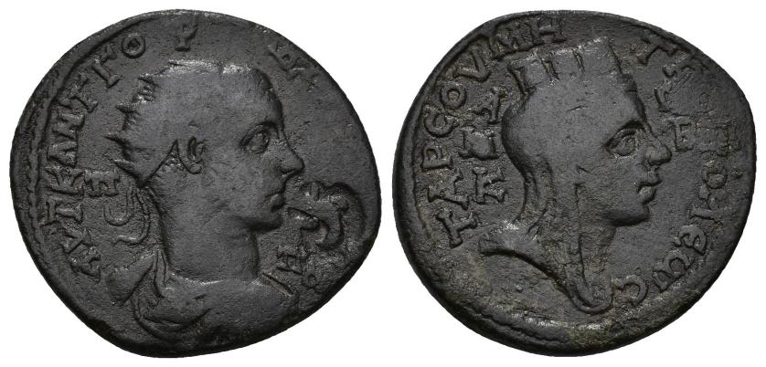 391   -  IMPERIO ROMANO. GORDIANO III. AE 36. Tarso (Cilicia). A/ Busto drapeado y acorazado a der. Contramarca. R/ Busto de Tyche a der., en campo A/M/K-G/B. AE 14,79 g. 35,3 mm. Pátina oscura. BC+.