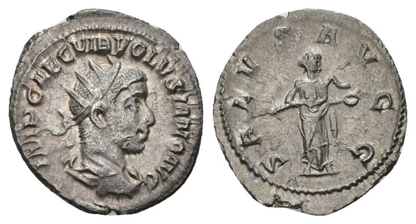 403   -  IMPERIO ROMANO. VOLUSIANO. Antoniniano. Roma (251-253). A/ Busto radiado y drapeado a der.; IMP CAE C VIB VOLVSIANO AVG. R/ Salus a der. alimentando serpiente en sus brazos; SALVS AVGG. VE 3,11 g. 20,9 mm. RIC-184. MBC+.