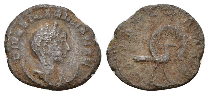 405   -  IMPERIO ROMANO. MARINIANA. Antoniniano. Roma (255). A/ Busto drapeado y diademado sobre creciente a der.; DIVAE MARINIANAE. R/ Pavo real con cola desplegada avanzando a der.; CONSECRATIO (poco visible). VE 2,45 g. 20,8 mm. RIC-5. Rotura al borde. BC-. 