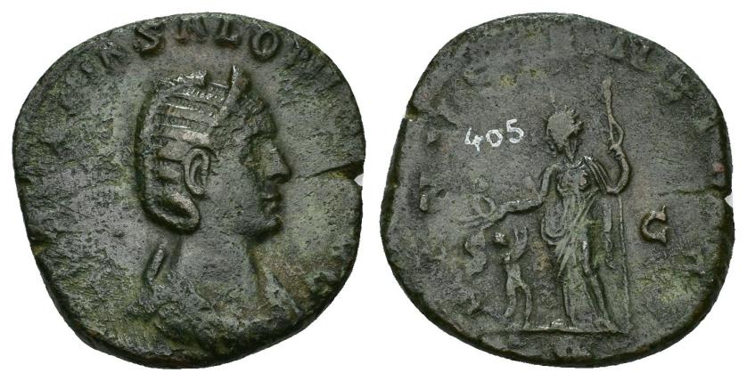 411   -  IMPERIO ROMANO. SALONINA. Sestercio. Roma (257-258). A/ Busto drapeado y diademado a der.; (CORN)ELIA SALONIN(A AVG). R/ Venus a izq. con manzana y cetro, a sus pies Cupido; VENVS GENETRIX, en campo S-C. AE 14,42 g. 25,9 mm. RIC-48. Cospel abierto. Pátina verde. MBC-. 