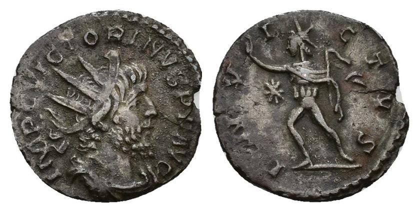 415   -  IMPERIO ROMANO. VICTORINO. Antoniniano. Colonia (269-271). A/ Busto radiado y acorazado a der.; IMP C VICTORINVS P F AVG. R/ Sol a izq.; INVICTVS. VE 1,84 g. 18,9 mm. RIC-114. Cospel abierto. MBC.