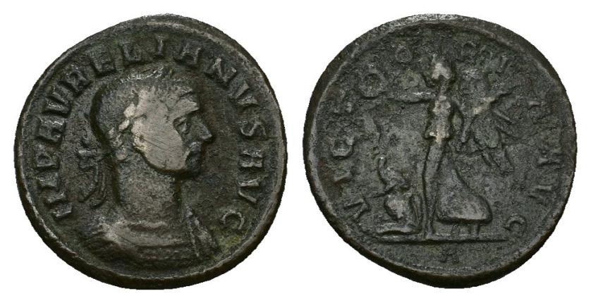 417   -  IMPERIO ROMANO. AURELIANO. Denario. Roma (270-275). A/ Busto laureado y acorazado; IMP AVRELIANVS AVG. R/ Victoria con corona y palma avanzando a izq., a sus pies cautivo; VICTORIA AVG. AR 2.36 g. 18,4 mm. RIC-73. BC+.