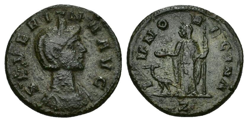 418   -  IMPERIO ROMANO. SEVERINA. As. Roma (270-275). A/ Busto diademado a der.; IVNO REGINA. R/ Juno a izq. con pátera y cetro, delante pavo real; IVNO REGINA, en exergo Z. AE 6,42 g. 24,3 mm. RIC-7. Campos repasados. Pátina verde. MBC-.