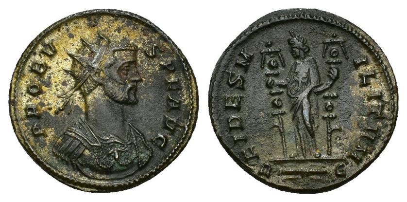 421   -  IMPERIO ROMANO. PROBO. Antoniniano. Roma (276-282). A/ Busto radiado, drapeado y acorazado a der.; PROBV-S P F AVG. R/ Fides a izq. con dos estandartes; FIDES MILITVM, en exergo R haz de rayos E. AE 3,72 g. 21,3 mm. RIC-170. MBC.