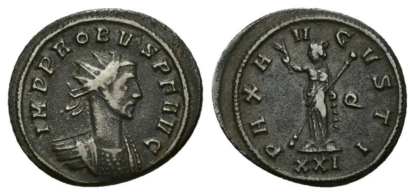 423   -  IMPERIO ROMANO. PROBO. Antoniniano. Siscia (276-282). A/ Busto radiado y acorazado a der.; IMP PROBVS P F AVG. R/ Pax a izq. con rama y cetro; PAX AVGVSTI, en campo Q, exergo XXI. VE 4,30 g. 22,7 mm. RIC-713. MBC-/MBC.