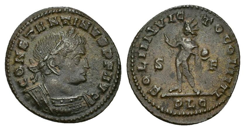 431   -  IMPERIO ROMANO. CONSTANTINO I. Follis. Lugdunum (313-314). A/ Busto laureado y acorazado a der.; CONSTANTINVS P F AVG. R/ Sol a izq. con globo, S-F/PLG; SOLI INVICTO COMITI. AE 4,61 g. 22 mm. RIC-7. MBC.