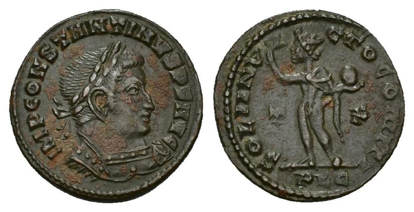 432   -  IMPERIO ROMANO. CONSTANTINO I. Follis. Lugdunum (314-315). A/ Busto laureado y acorazado a der.; IMP CONSTANTINVS P F AVG. R/ Sol a izq.; T-F/PLG, SOLI INVICTO COMITI. AE 3,10 g. 19,9 mm. RIC-15. MBC+.