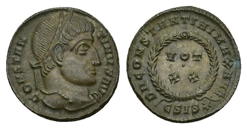 435   -  IMPERIO ROMANO. CONSTANTINO I. Follis. Siscia (320-321). A/ Cabeza laureada a der.; CONSTANTINVS AVG. R/ Láurea rodeando VOT/ X X; D N CONSTANTINI MAX AVG, exergo ESIS*. AE 3,26 g. 17,6 mm. RIC-159. Pátina verde. EBC.