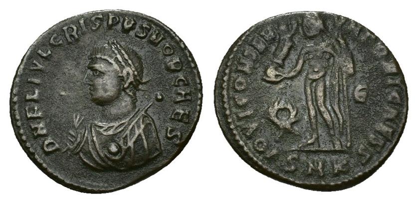 442   -  IMPERIO ROMANO. CRISPO. Follis. Cyzicus (317-320). A/ Busto diademado y drapeado con cetro y mappa a izq.; D N FL IVL CRISPVS NOB CAES. R/ Júpiter a izq. con cetro y Victoria sobre globo, en campo corona y A, exergo SMK; IOVI CONSERVATORI CAESS. AE 2,9 g. 19,1 mm. RIC-10. MBC.