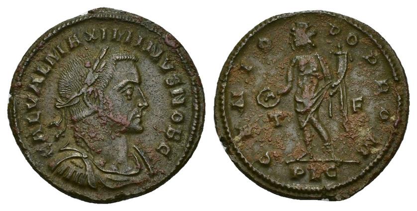 446   -  IMPERIO ROMANO. MAXIMINO DAYA. Follis. Lugdunum (307). A/ Busto laureado, drapeado y acorazado a der.; GAL VAL MAXIMINVS NOB C. R/ Genio con modio, pátera y cornucopia a izq.; GENIO POP ROM, T-F/PLC. AE 6,60 g. 25,2 mm. RIC-220a. Concreciones. MBC+.