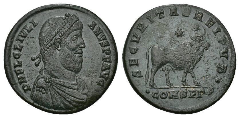 455   -  IMPERIO ROMANO. JULIANO II. Doble maiorina. Constantinopolis (361-363). A/ Busto diademado, drapeado y acorazado a der.; D N FL CL ILI-ANVS P F AVG. R/ Toro parado a der., encima estrella; SECVRITAS REIPVB, exergo . CONSPG. AE 8,43 g. 27,3 mm. RIC-161. Pátina verde con pequeñas erosiones. MBC+.