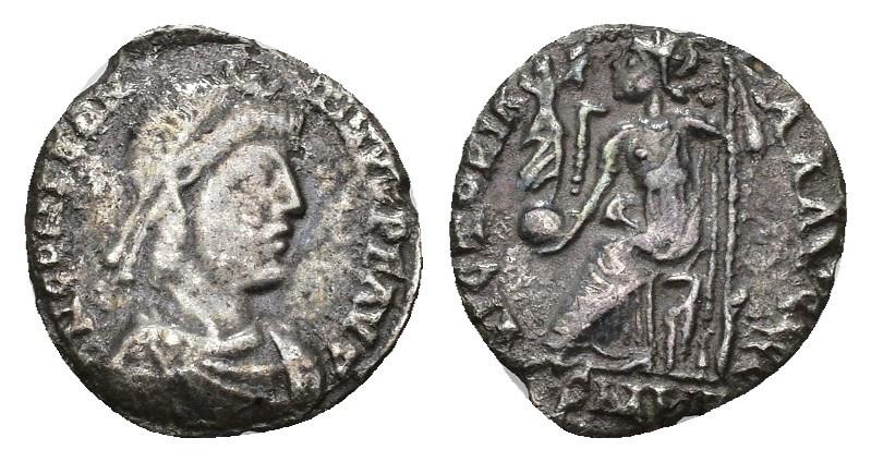 456   -  IMPERIO ROMANO. CONSTANTINO III. Silicua. Lugdunum (407-408). A/ Busto diademado y drapeado a der.; D N CONSTAN-TINVS P F AVG. R/ Roma sentada a izq. con Victoria y lanza; VICTORIA (A)AA AVGGG, exergo SM(LD). AE 1,35 g. 15,2 mm. RIC-1529. BC-. Escasa.