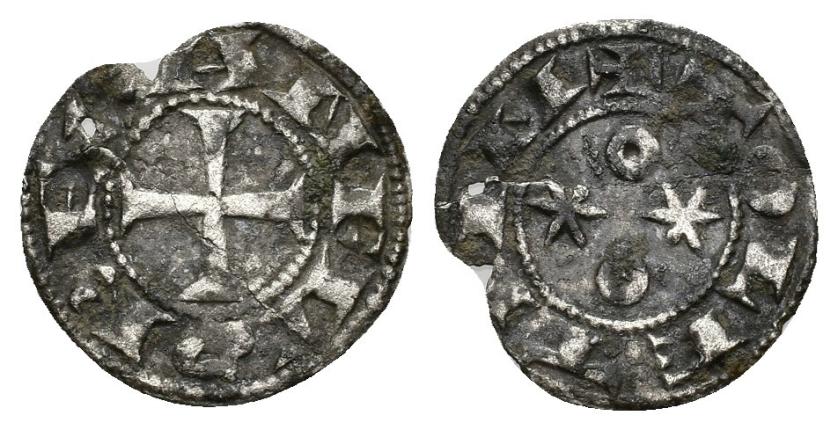 462   -  REINOS DE CASTILLA Y LEÓN. ALFONSO VI. Dinero. Toledo. VE 0,95 g. 18,2 mm. MM-III-8. A6:6. Rotura al borde y perforación. MBC-. 