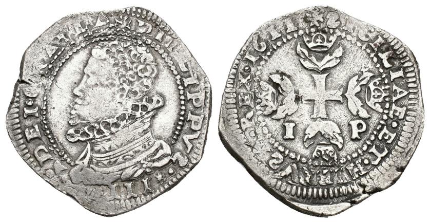 495   -  FELIPE III. 1/2 escudo o 5 tarí. 1611. Messina. AR 15,79 g. 35,7 mm. Spahr-16. Olivares-215. MBC. Escasa.