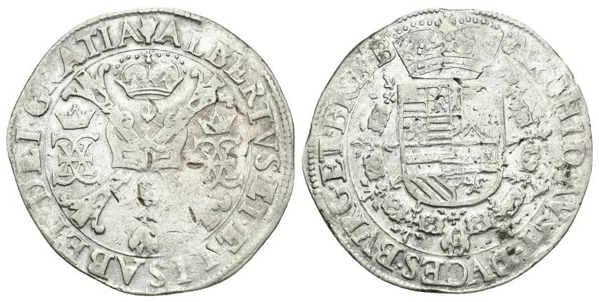 499   -  ISABEL Y ALBERTO. Patagón. Amberes. S.F. AR 27,75 g. 42,6 mm. Vanhoudt-619AN. Delm-254. Leve plata agria. MBC.
