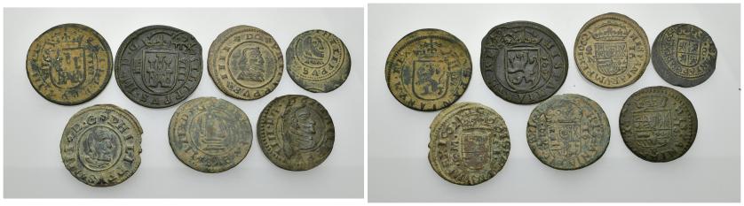 501   -  FELIPE IV. Lote de 7 monedas: 4 de Felipe III -8 maravedís (3) y 16 maravedís (1)- y 3 de Felipe IV -16 maravedís (3)-. BC+/MBC.
