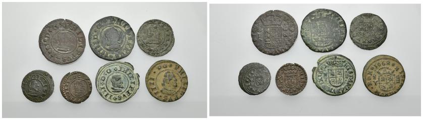502   -  FELIPE IV. Lote de 7 monedas: 16 maravedís (2), 8 mrs. (3) y 4 mrs. (2). BC+/MBC-. 