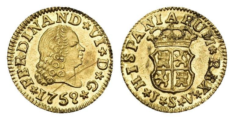 526   -  FERNANDO VI. 1/2 escudo. 1759. Sevilla. JV. AU 1,78 g. 14,4 mm. VI-436. Raya de acuñación en anv. Pleno B.O. SC.