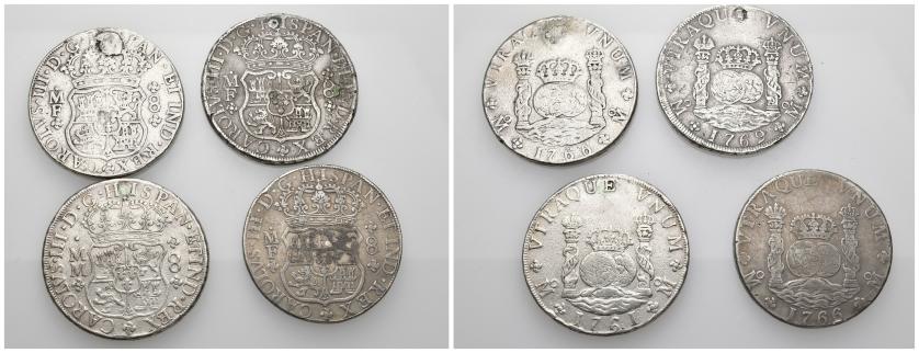 528   -  CARLOS III. Lote de 4 monedas de 8 reales columnarios. México: 1766 (2), 1761 y 1769. 3 de ellos con agujero tapado. BC+.