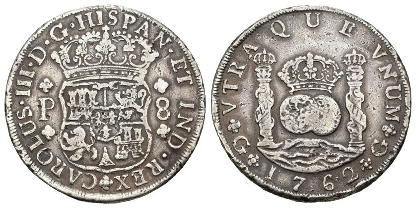 533   -  CARLOS III. 8 reales. 1762. Guatemala. P. AR 26,8 g. 40,4 mm. VI-847. golpe en canto y pequeñas marcas. MBC-. 
