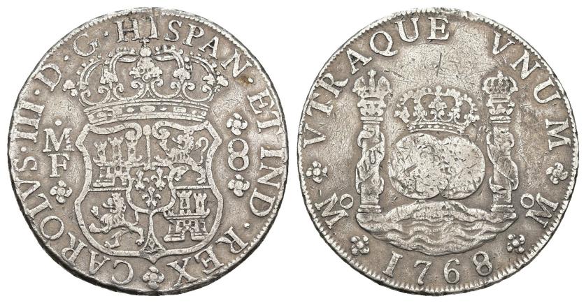 534   -  CARLOS III. 8 reales. 1768. México. MF. AR 26,70 g. 38,7 mm. VI-926. Pequeñas marcas. MBC-/BC+.