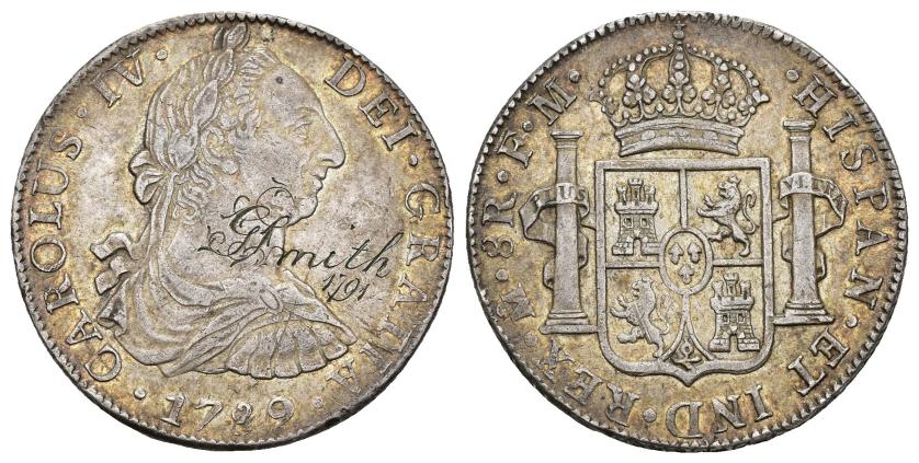 539   -  CARLOS IV. 8 reales. 1789. México. FM. Grafito G. Smith, 1791. AR 27,07 g. 38,6 mm. VI-784. MBC+.