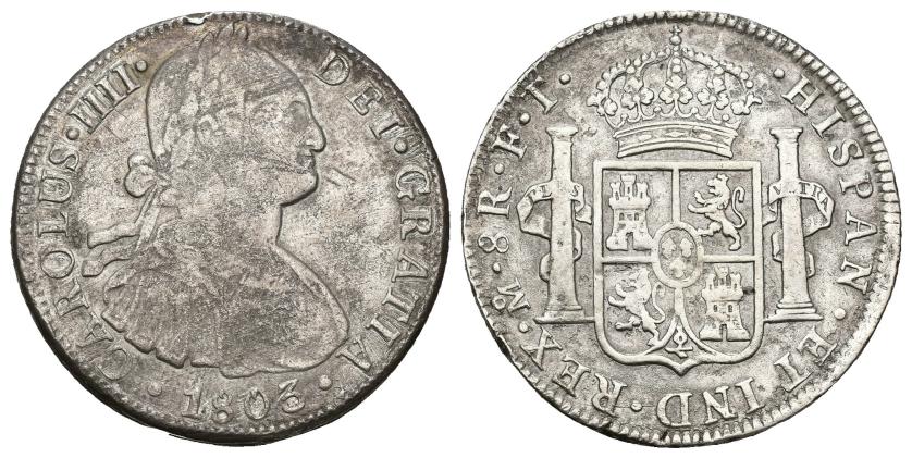 542   -  CARLOS IV. 8 reales. 1803. México. FT. AR 25,97 g. 40,1 mm. VI-800. Erosiones y rayitas. BC+/MBC-.
