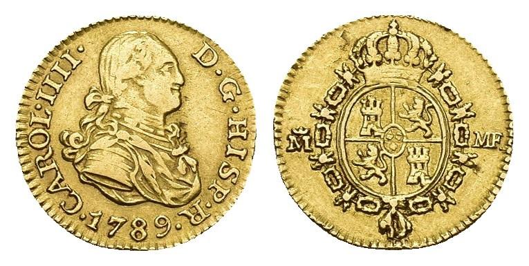 544   -  CARLOS IV. 1/2 escudo. 1789. Madrid. MF. AU 1,72g. 14 mm. VI-868. Hojita en rev. MBC.
