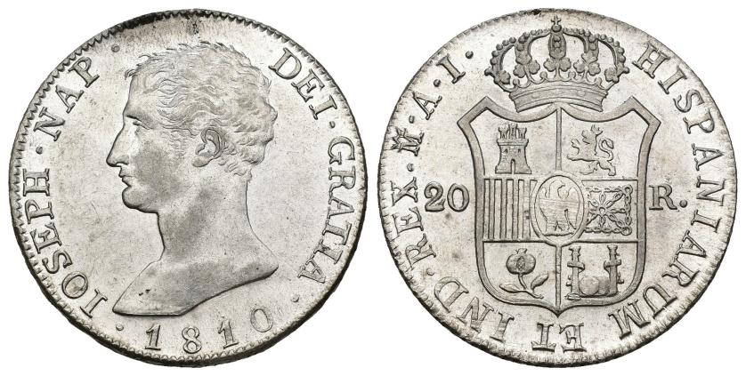 553   -  JOSÉ I BONAPARTE. 20 reales. 1810. Madrid. AI. Águila grande. AR 26,66 g. 39,4 mm. VI-31. Leve vano en escudete. B.O. Leves oxidaciones. EBC+.