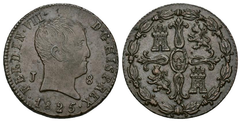 556   -  FERNANDO VII. 8 maravedís. 1825. Jubia. AE 10,58 g. 27,9 mm. VI-216. MBC+/EBC-. 