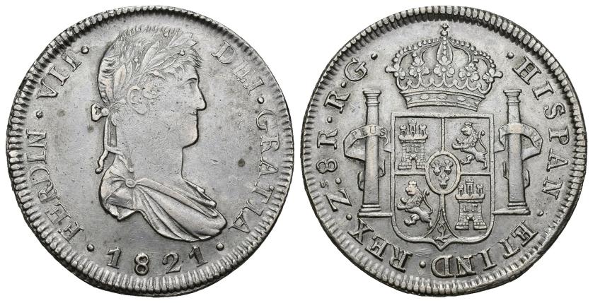 562   -  FERNANDO VII. 8 reales. 1821. Zacatecas. RG. AR 27,27 g. 40 mm. VI-1209. Pequeñas marcas. MBC+.