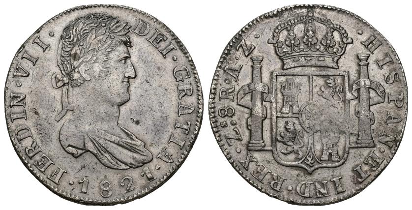 563   -  FERNANDO VII. 8 reales. 1821. Zacatecas. AZ. AR 26,84 g. 38,5 mm. VI-1210. Vano en rev. Pequeñas marcas. MBC.