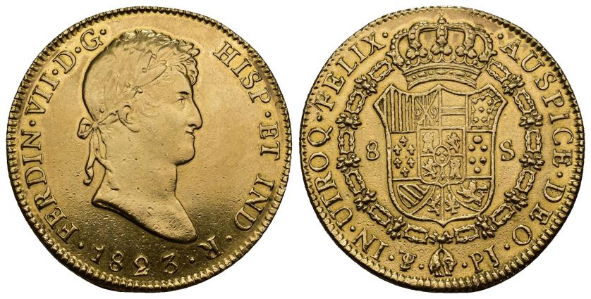 564   -  FERNANDO VII. 8 escudos. 1823. Potosí. PJ. AU 27,04 g. 36,2 mm. VI-1530. Estuvo engarzada. Abrillantada. MBC. Muy escasa. 