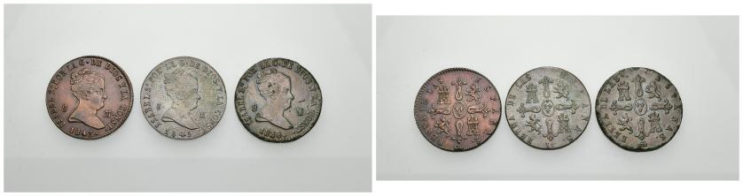 565   -  ISABEL II. Lote de 3 piezas de 8 maravedís. Segovia (1838 y 1843) y Jubia (1843). De MBC a EBC-. 