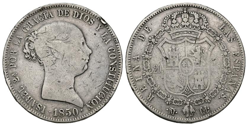 567   -  ISABEL II. 20 reales. 1850. Madrid. CL. AR 25,78 g. 37 mm. VI-506. Golpe en canto y marcas. BC+/BC-. 