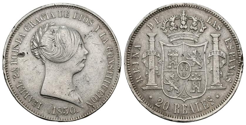 568   -  ISABEL II. 20 reales. 1850. Madrid. AR 25,69 g. 37,4 mm. VI-507. Erosión en rev. Marcas. Golpe en canto. MBC.
