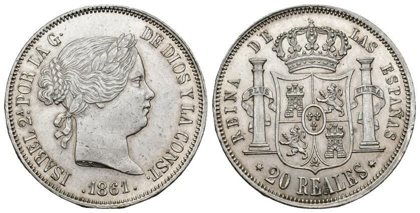 569   -  ISABEL II. 20 reales. 1861. Madrid. AR  mm. VI-25,91 g. 37,4 mm. VI-517. Pequeñas marcas. EBC.
