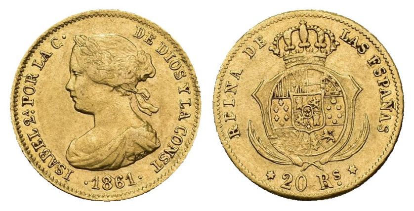 570   -  ISABEL II. 20 reales. 1861. Madrid. AU 1,68 g. 15,2 mm. VI-557. MBC. Escasa.
