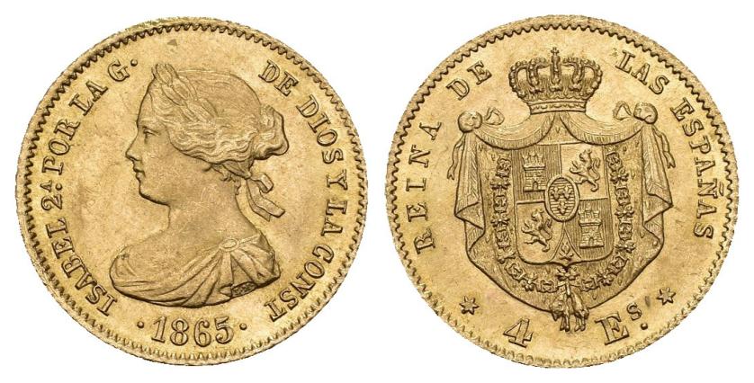 571   -  ISABEL II. 4 escudos. 1865. Madrid. AU 3,36 g. 17,8 mm. VI-570. Golpecito en gráfila. R.B.O. EBC+.