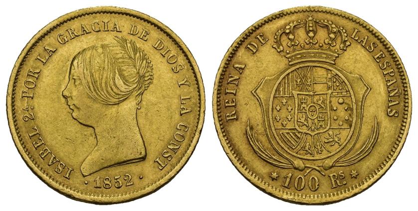 572   -  ISABEL II. 100 reales. 1852. Madrid. AU 8,24 g. 21,9 mm. VI-640. MBC+- Muy rara.