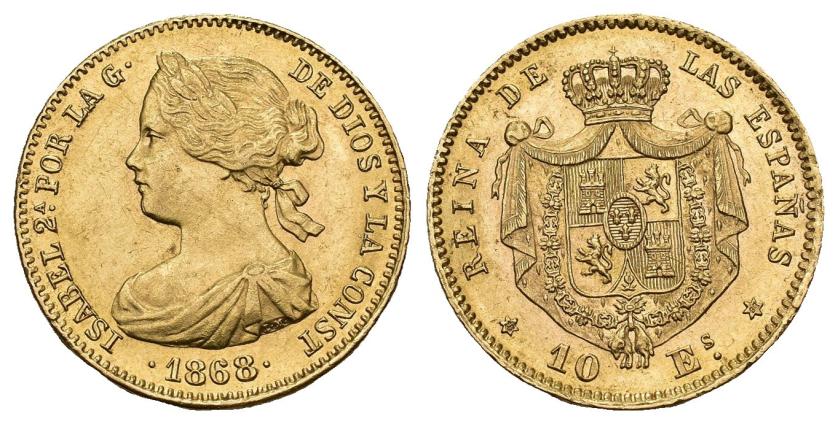 574   -  ISABEL II. 10 escudos. 1868. *18-68. Madrid. AU 8,36 g. 22,1 mm. VI-668. R.B.O. EBC.