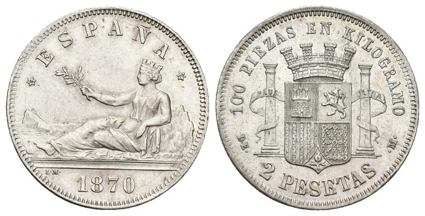 575   -  GOBIERNO PROVISIONAL. 2 pesetas. 1870 *18-74. DEM. AR 10,03 g. 27,1 mm. VII-19. EBC.