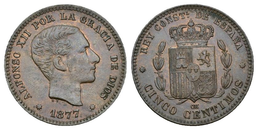 577   -  ALFONSO XII. 5 céntimos. 1877. Barcelona. OM. AE 4,71 g. 25,1 mm. VII-42. R.B.O. EBC/EBC-. 