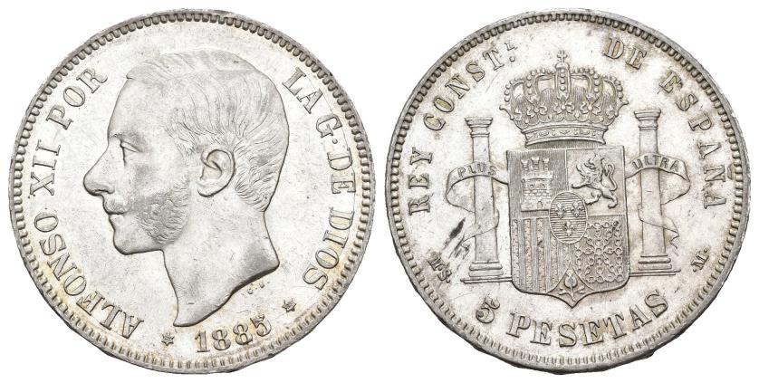 582   -  ALFONSO XII. 5 pesetas. 1885. Madrid. MSM. AR 24,98 g. 37,5 mm. VII-91. Pequeñas marcas. EBC-. 