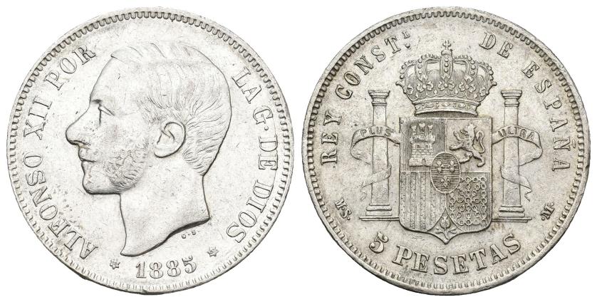 583   -  ALFONSO XII. 5 pesetas. 1885. Madrid. MSM. AR 24,56 g. 37,5 mm. VII-91. Pequeñas marcas. MBC.